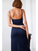 Smooth maxi dress on straps with a slit, navy blue 110570 - Online store - Boutique